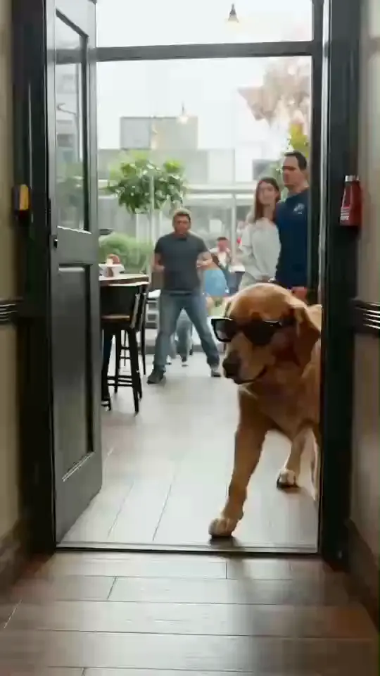 Golden retriever avec lunettes de soleil entrant dans un café comme une célébrité